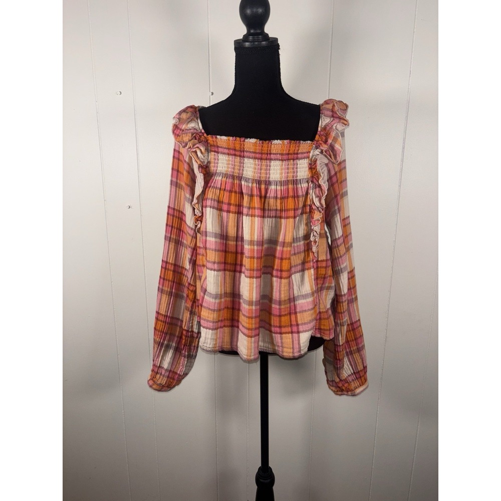 Free People Pink and Orange Plaid Blouse